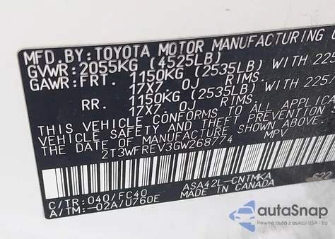 2016 Toyota Rav4 Xle из США, поврежденный, VIN 2T3WFREV3GW268774